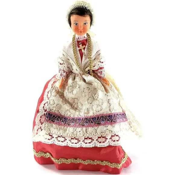 Vintage 6” European Folk Costume Doll Lace Shawl Gold Cross Red Skirt - Picture 3 of 8